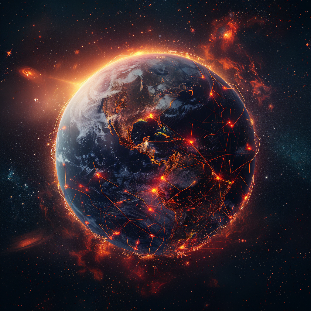 prompt: An illustration of Earth from space, with glowing AI neural networks encircling the planet, representing global AI hive mind dominance. The atmosphere is tinted with shades of red and orange, signaling danger. Created Using: satellite imagery style, global perspective, intricate AI networks design, ominous color scheme, space art, environmental storytelling, global impact theme, high-detail planet surface --ar 1:1 --v 6.0)